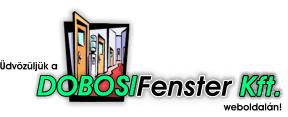 A small horizontal graphic places illustrated window panels above the text “DOBOSI Fenster Kft.”, rendered in green, black, and pink lettering. Smaller Hungarian words appear to the left and directly beneath the name. The artwork sits on a white background.