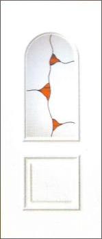 A white door leaf is pictured upright on a plain white background. Its upper section contains a narrow arched glazed insert with orange decorative shapes and dark curved lines. A shallow rectangular raised panel sits below the glass.